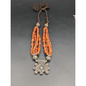 Vintage Saharan Hirz Orange Sponge Coral Hand Tooled Silver Alloy Necklace 202g